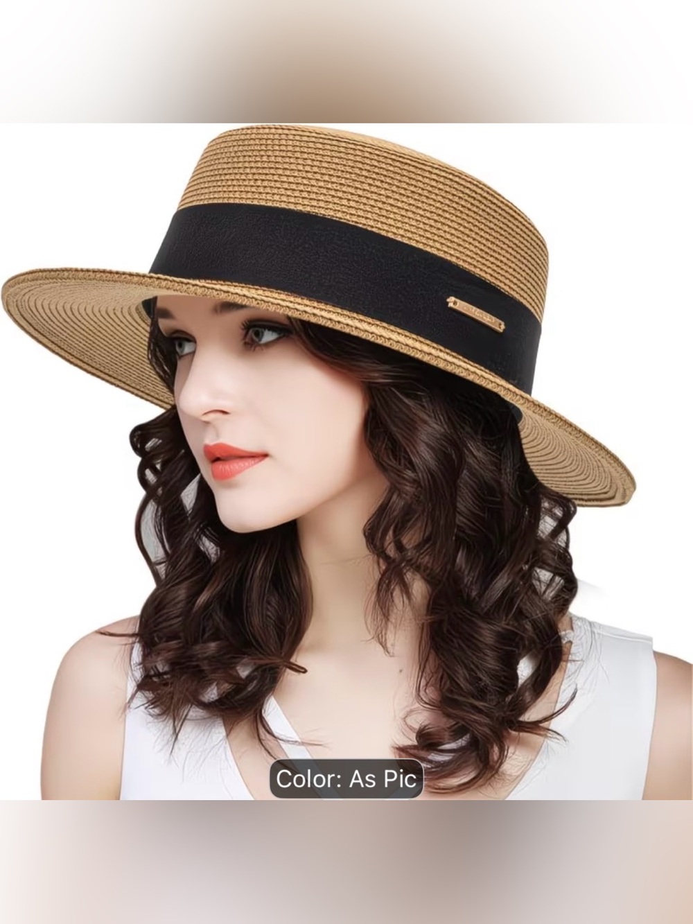 Women’s Tan Straw Boater Hat with Black Band